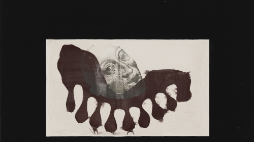 A silkscreen artwork made with gesso on wood.