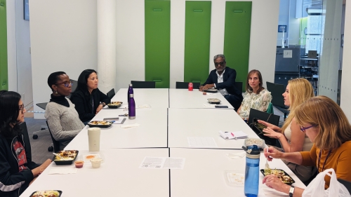 A collection of faculty, staff, and students at the first Brown Bag Lunch hosted by the NYU Steinhardt Sustainability Group.