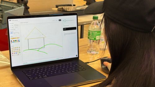 Young woman looks at a laptop screen showing a simple rectangle house with a triangle roof on top of a hill drawn with two downward sloping lines