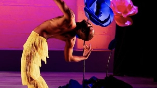 Dancer doing backbend in front of large flowers with pink background