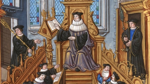 An early Renaissance depiction of doctors at the Sorbonne listening to a head tutor lecture.