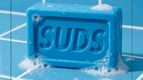 Blue graphic flyer featuring a blue bar of soap on blue shower tiles