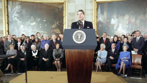 Ronald Reagan at the podium speaking