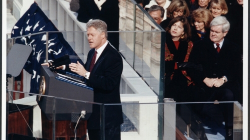 President Bill Clinton delivers his second inaugural address.