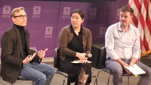 Joe Salvatore, Kimberly Cheng, and Patrick McSweeney sit onstage for a post-performance discussion