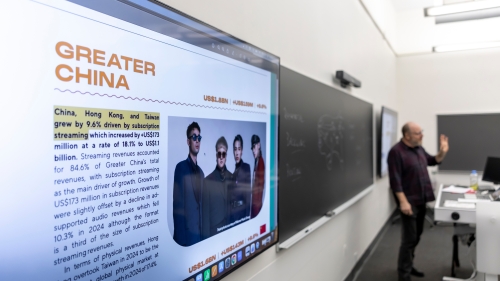 close up of Greater China on screen while teacher lectures in the background