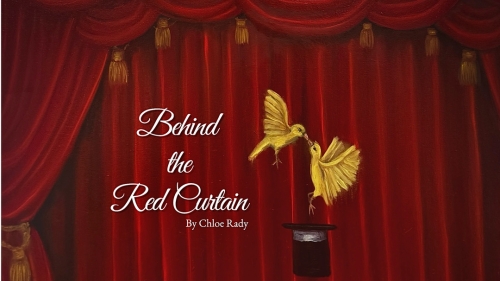 A flyer featuring a drawing of a closed red curtain. The drawing depicts two yellow birds touching beaks above a top hat.