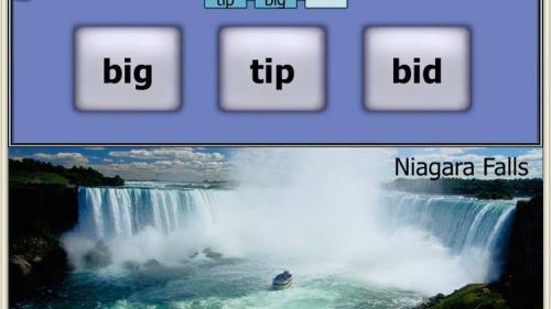 Image from the game Sound Replay with the words "big" "tip" and "bid" at the top above an image of Niagara Falls. Above the words is a sequence with the words "tip" and "big"