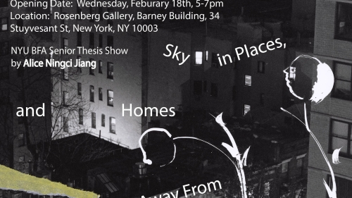 Flyer featuring a collage of a black and white image of New York city apartments and colored strips of paper.