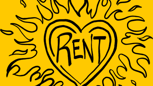 Logo for musical RENT, a heart with flames around it on yellow background