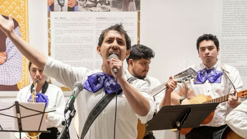 Mariachi musicians performing in traditional white button up shirts and purple neck scarf