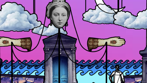 Fun colorful concept image for a show poster. Bright pink background, womans head on a stand, water, floating hands and clouds.