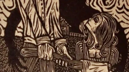 Black and white drawing of a man with a beard making a speech and a woman sitting next to him looking up at him.