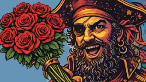 Colorful drawing of a spooky pirate holding roses