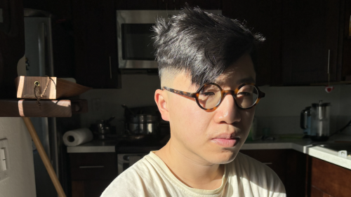 Felix sitting in a kitchen wearing a white shirt with green accents and wearing round tortoise shell glasses, looking out of frame.