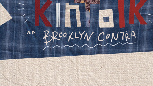 Blue plaid scrap fabric collage behind exhibition text.