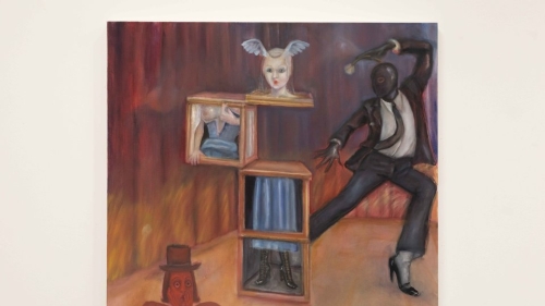Painting of a magician wearing a suit and heels pointing his wand at a woman with wings on her head wearing a blue dress. She stands in a magicians box and her midsection is in a box separated from her body, an onlooker watches with surprise.