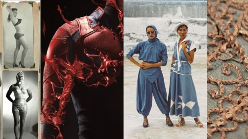 A collage of four images featuring black and white scrapbook photos of women in vintage bathing suits, a close up of a red super hero suit with flames, two women wearing blue flow-y garments at the beach, and a close up image of brown rounded stitching.