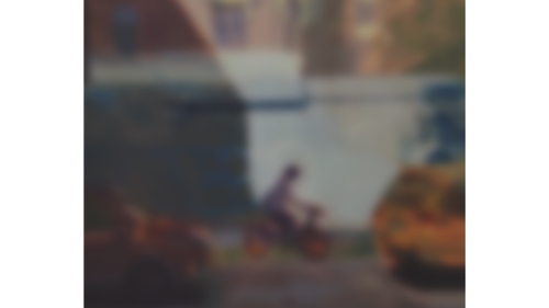 An out of focus painting of a riding a bicycle on a sidewalk.