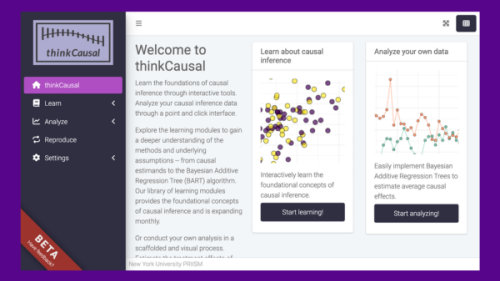 Screenshot of welcome page for thinkCausal software program with menu bar including options to: Learn, Analyze, Reproduce, and Settings 