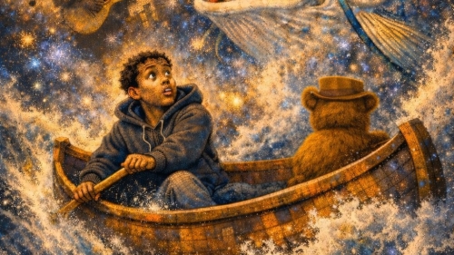 Young boy in row boat with flying fish and guitar player overhead