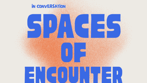 Flyer with blue block text on top of a cream background