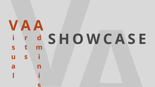 Gray flyer with large gray letters that spell out VAA in alternating descending order.