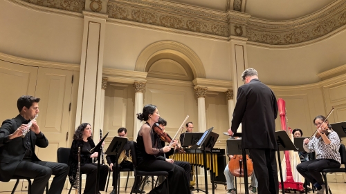 a small orchestra plays inside a carnegie hall theater