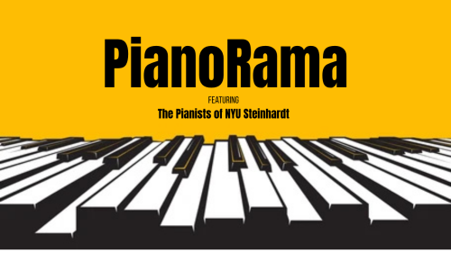 Poster for PianoRama with keyboard and yellow background