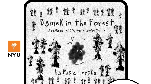 Flyer featuring digital sketch of trees and a personified polluted cloud with eyes.