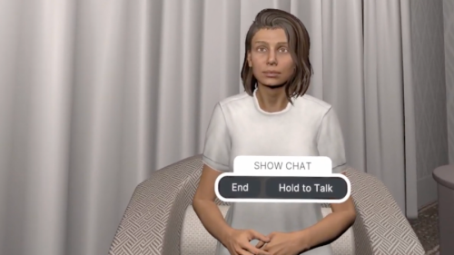 VR interface showing a woman and an option to end the chat or hold to talk