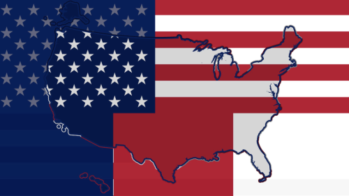 A map of the U.S. with stars and stripes in front of it.