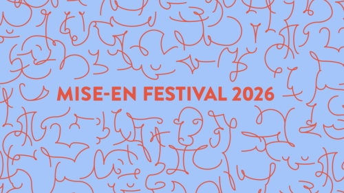 A simple orange line drawing on blue background advertising festival