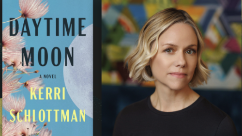 A book cover reading "Daytime Moon, Kerri Schlottman" is displayed next to a photo of a white woman with blonde hair.