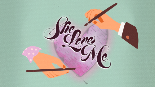 Heart with "She Loves Me" logo and two hands holding ink pens