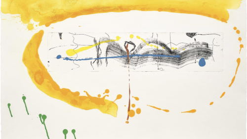Abstract painting includes strokes of yellow, gray and music notes.