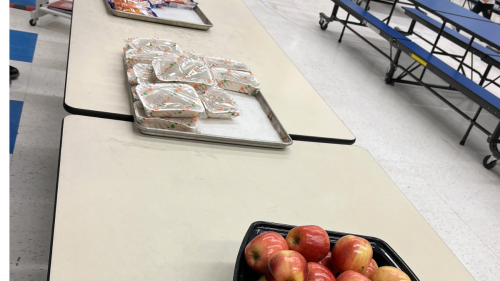 school lunch with apples and sandwiches on a table