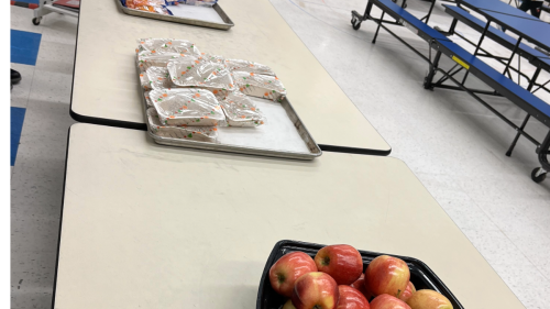 school lunch with apples and sandwiches on a table