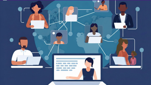 A series of cartoon images of people with laptops, connected by lines, to show connections