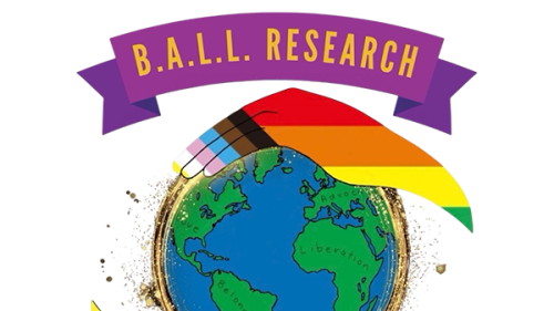 Globe with hands colored in lgbtq+ flag