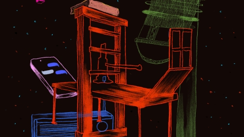 a surveillance camera, an iphone, and other measuring instruments appear against a black background