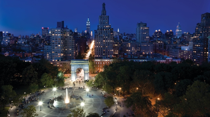 Washington Square Park and the New York City skyline at night