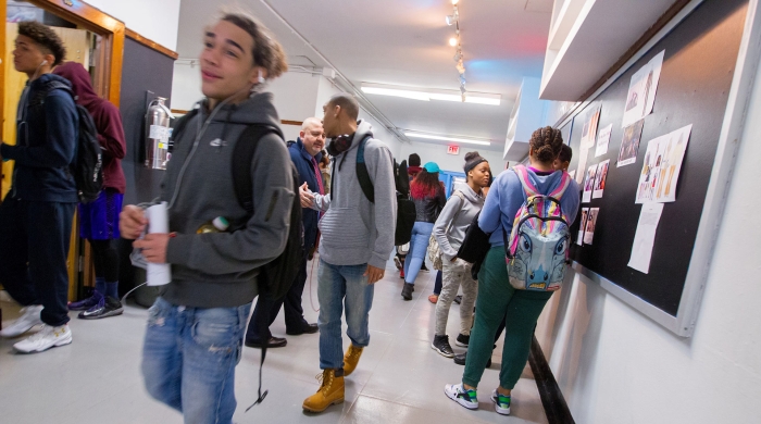 High school hallway filled with students