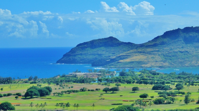 A photo of Kauai with the ocean in the background.