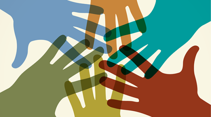 Silhouettes of six hands in different colors