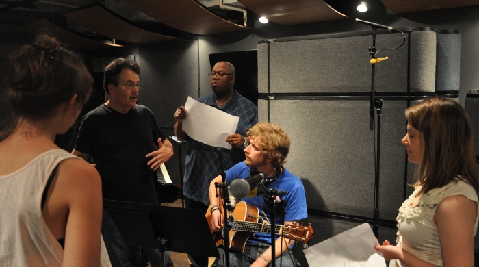 Barry Eastmond, Phil Galdston, and students in the recording studio.