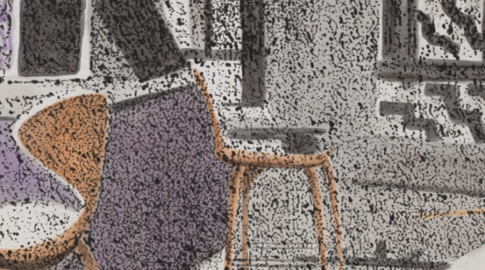 Painting of chairs in room. 