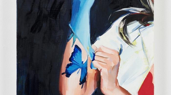 Painting of women wearing blue glove and butterfly tattoo on arm. 