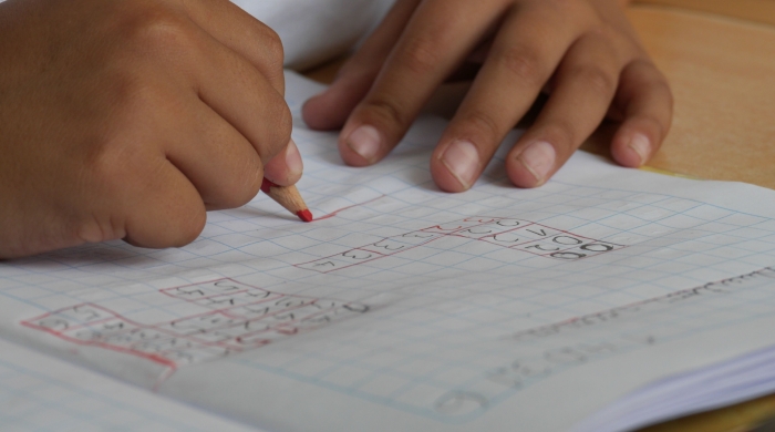 A photo of a child writing numbers on graph paper