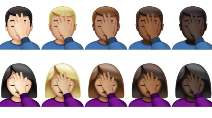 Facepalm emojis of different skin tones